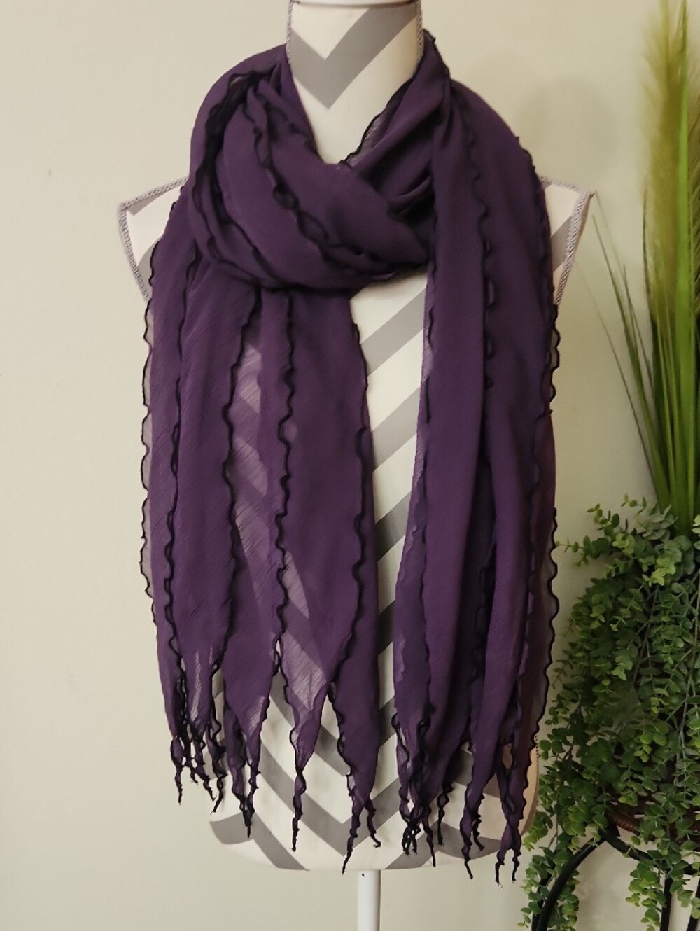 Coldwater Creek Eggplant Purple Scarf with Black Edge